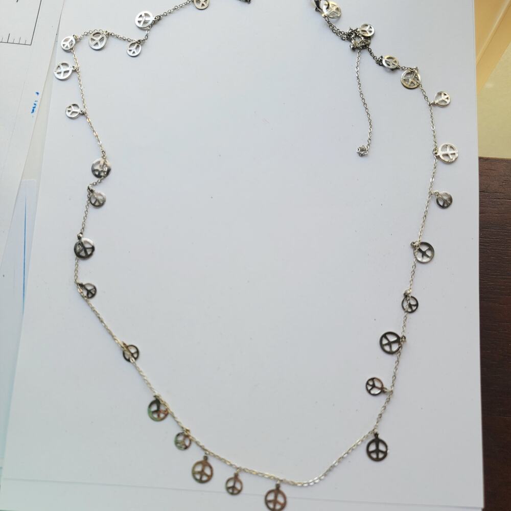 Vintage Peace Sign Charm Necklace Silver Tone Dangle Charms Layered Chain Boho